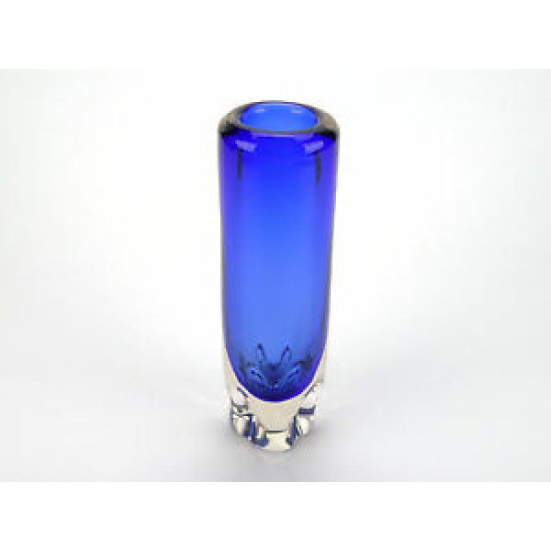 1960s tall Bohemian blue torpedo vase cased in clear glass with hotworked foot