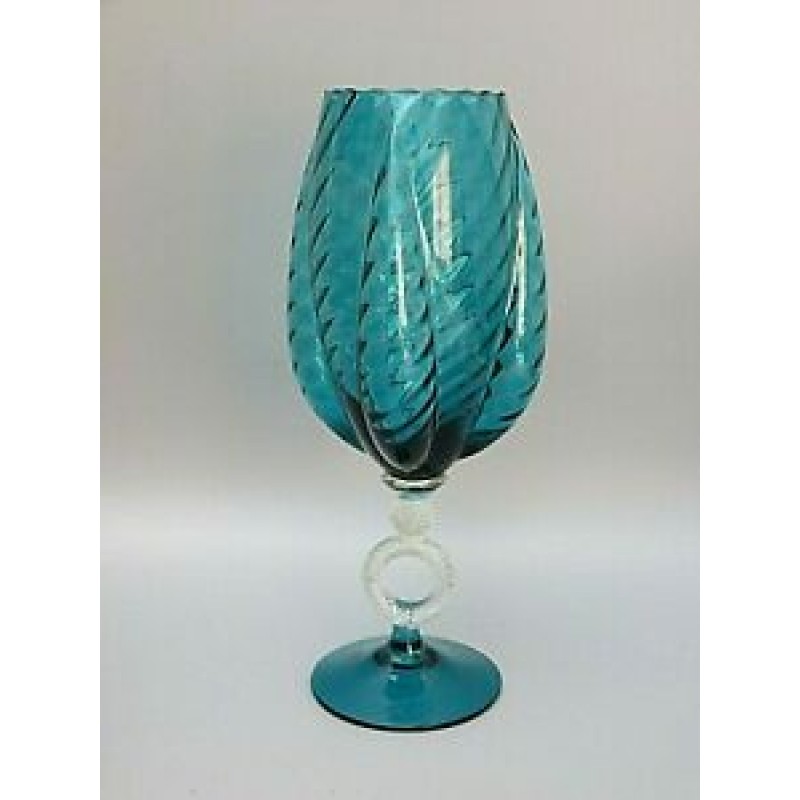 Large Vintage Italian Empoli Blue Glass Ring Stem Footed Vase 60s