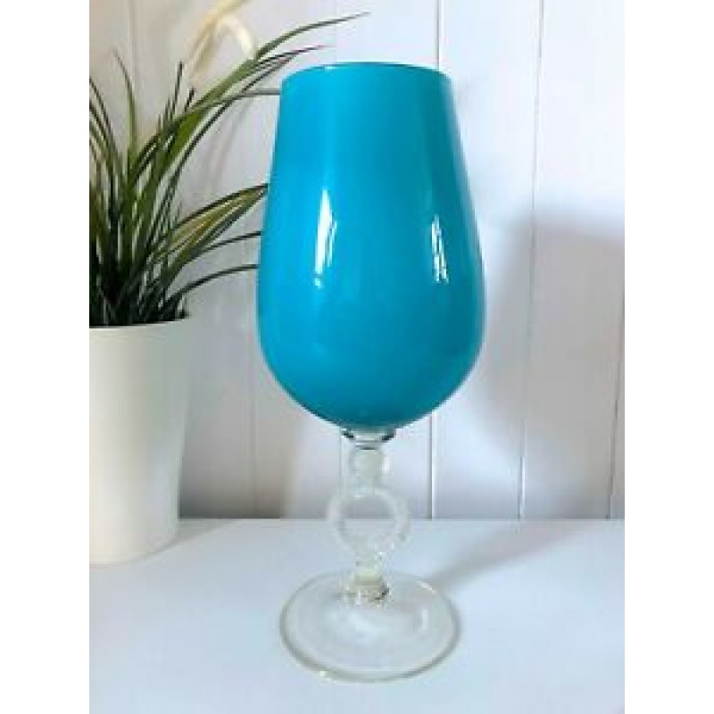 Large Vintage Italian Empoli Blue Opaline Cased Glass Ring Stem Footed Vase 60s