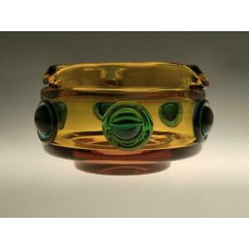 Modernist Vintage Glass Ashtray - Art Glass Bowl - Amber Green Blue - Hospodka