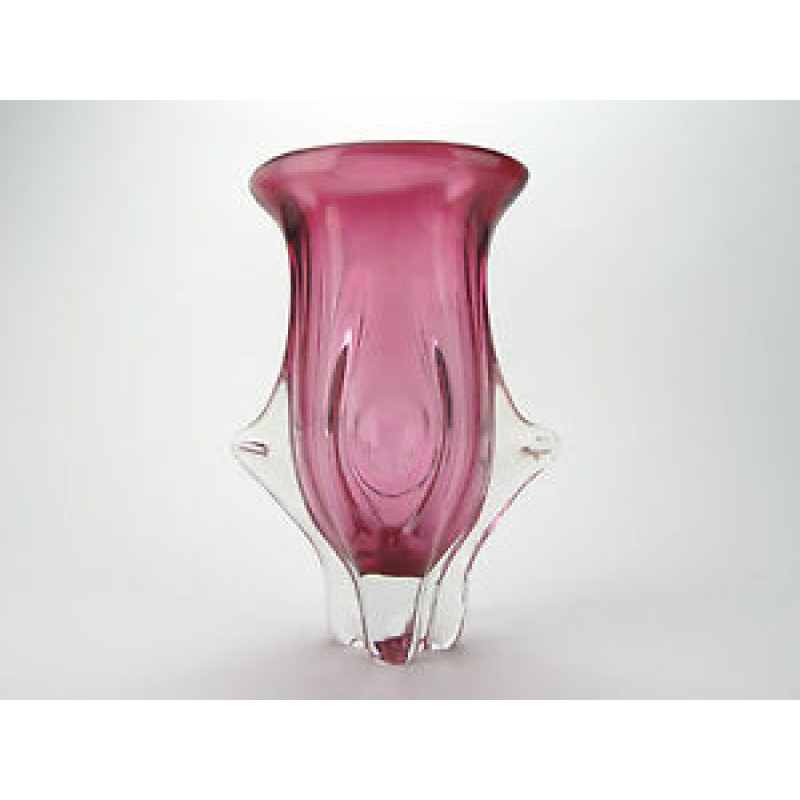 Tall large Bohemian cranberry pink flower vase by Josef Hospodka for Chribska