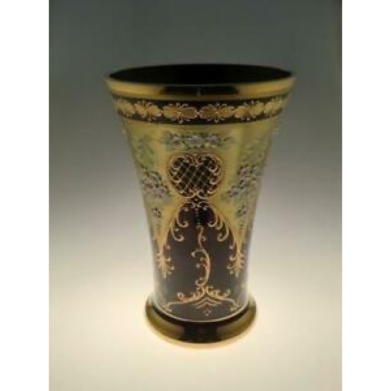 Vintage Hand Made Enameled Glass Vase - Gold Black Floral - Haida - Bohemian