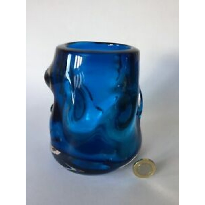 Vintage Whitefriars Glass 5” Knobbly Vase Kingfisher Blue 1960s, Heavy 1.175 kg